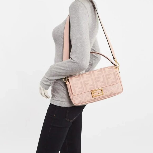 Fendi Extra Baby Pink FF Cotton Canvas Medium Baguette Bag - 8BR600 - Picture 9 of 12